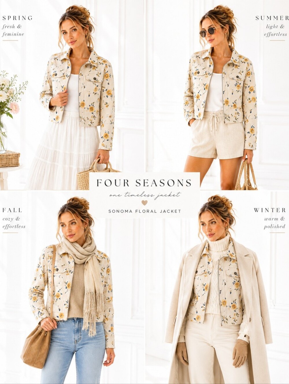 Sonoma Floral Denim Jacket Women’s Medium Cream Cottagecore Zip Front - Picture 6 of 12